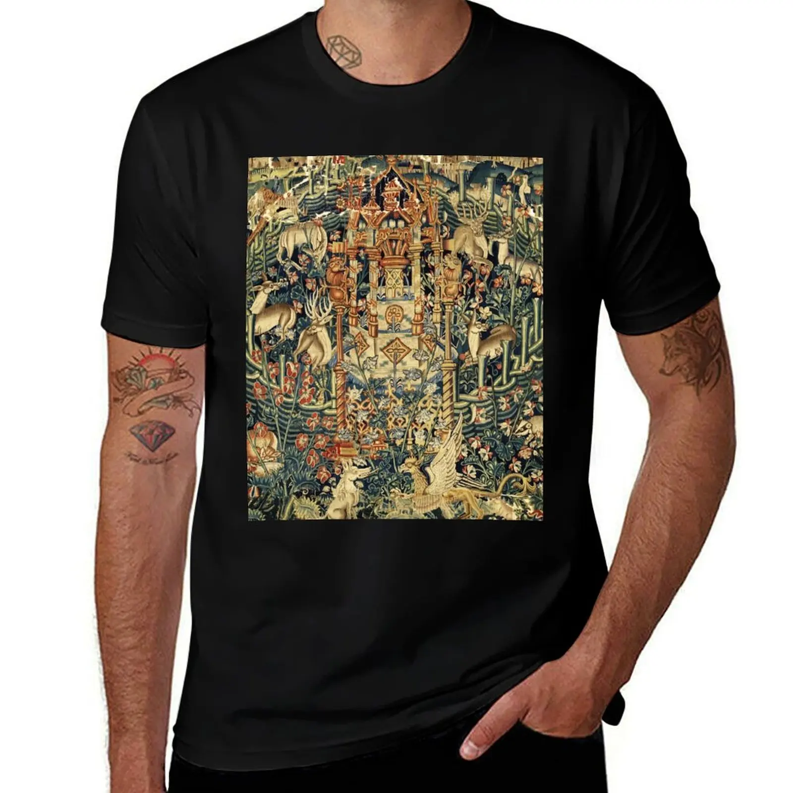 SOURCE OF LIFE Verdure with Forest Animals in Private Garden, Floral Medieval Tapesty T-Shirt