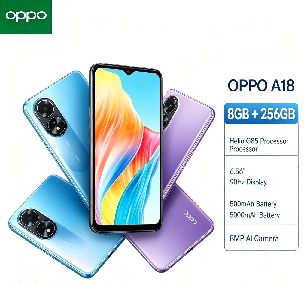 Buzzing 2026 OPPO A18 Global Edition Android Handset 8GB+256GB Large Storage Dual‑SIM Support 6.5 Inch HD+ Screen MediaTek