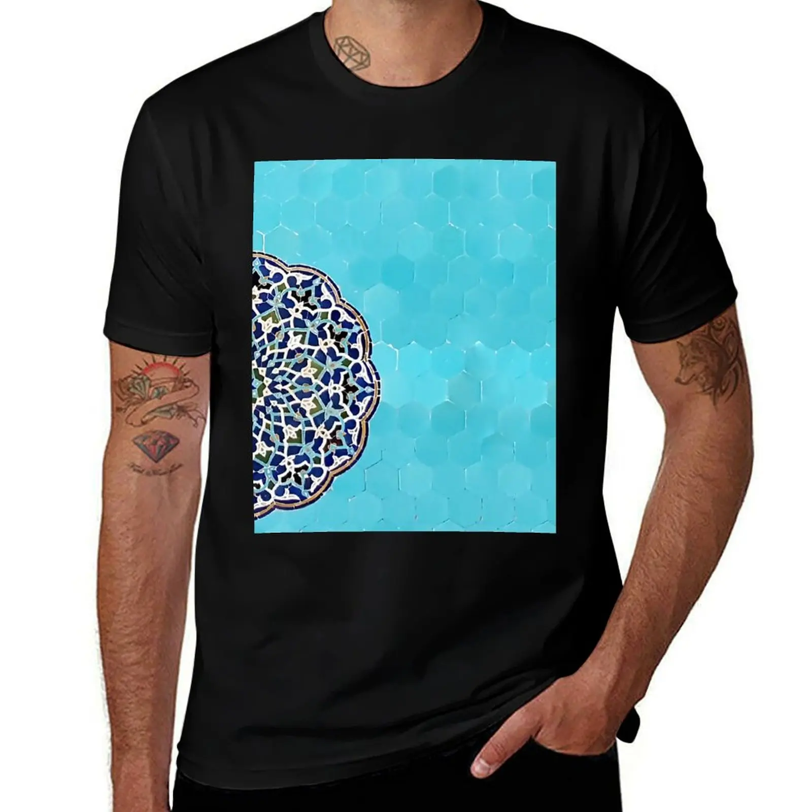 

100% man t t shirt man shirts casual Persian pattern turquoise tile cotton T-Shirt
