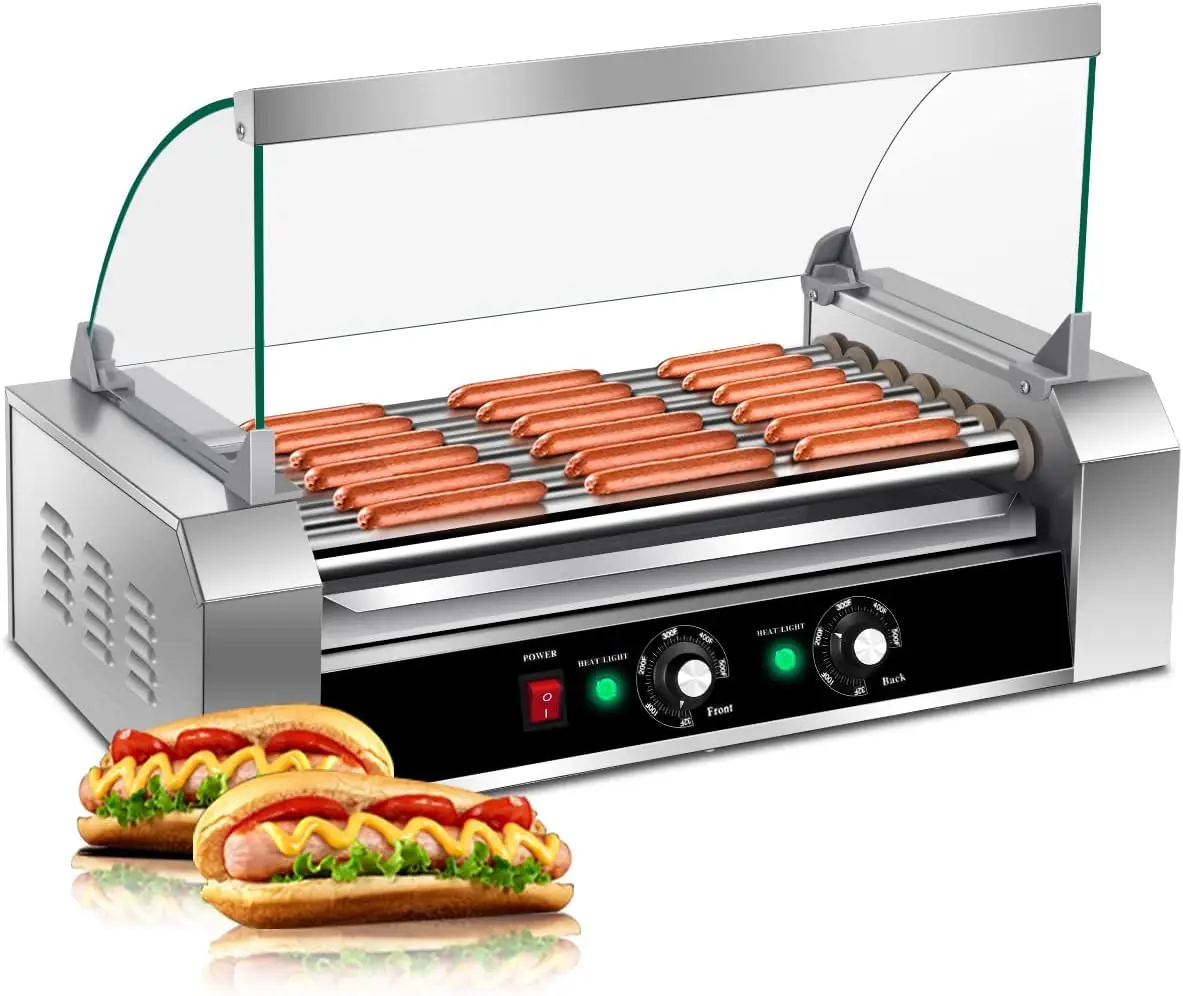 18 Hot Dog and 7 Non-Stick Roller, Sausage Grill Cooker Machine with Glass Cover, Drip Tray, Dual Temperature Control for Commer