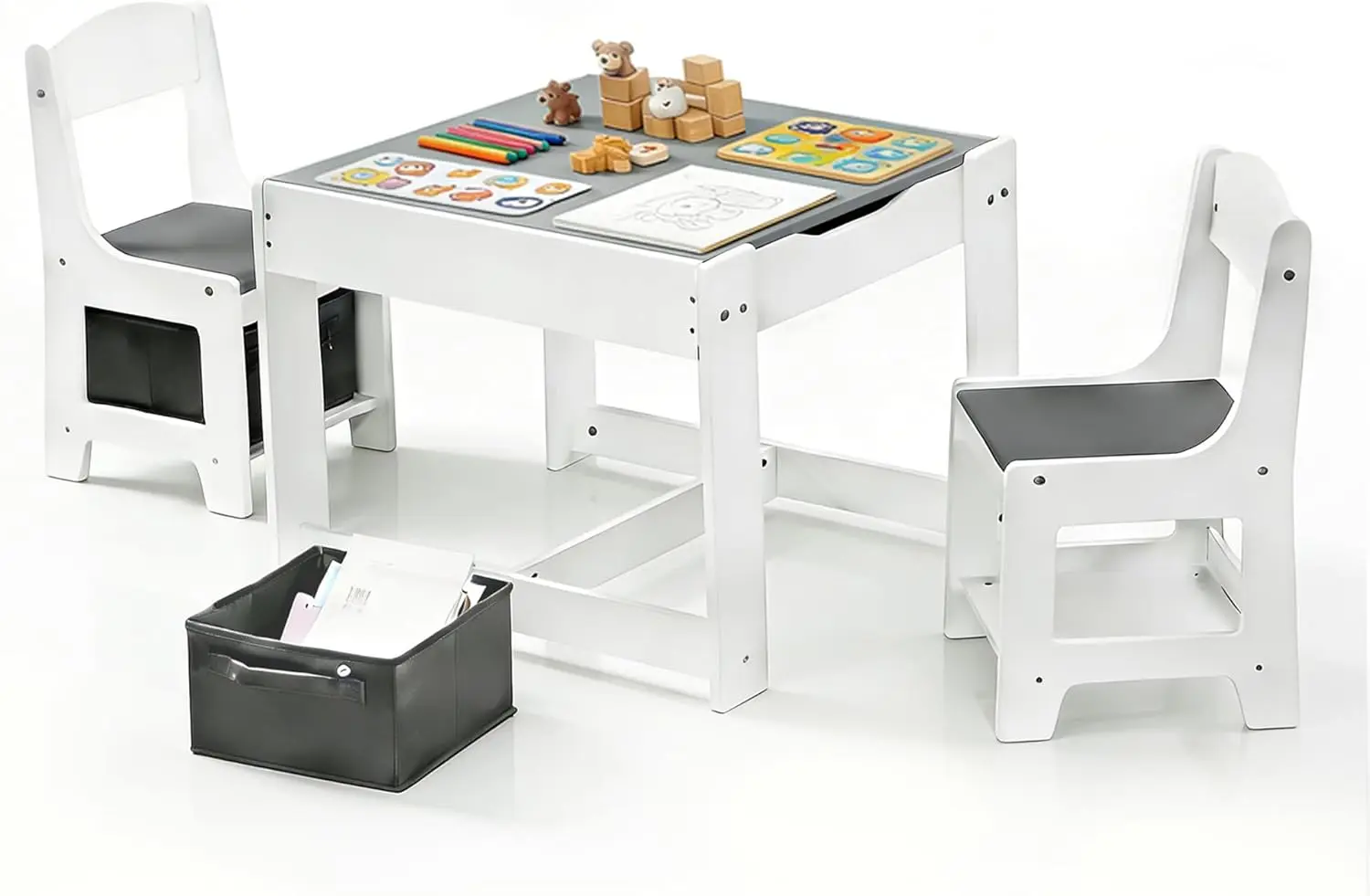 

3-in-1 Wooden Kids Table and Chairs Set with Storage Drawer, Detachable Top for Drawing Reading Playing, White Gray
