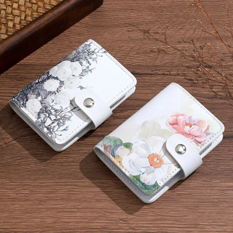 BUYLEMO Fresh Floral Printed PU Leather Card Holder, Snap Button Multi-slot Portable Card Case For Women