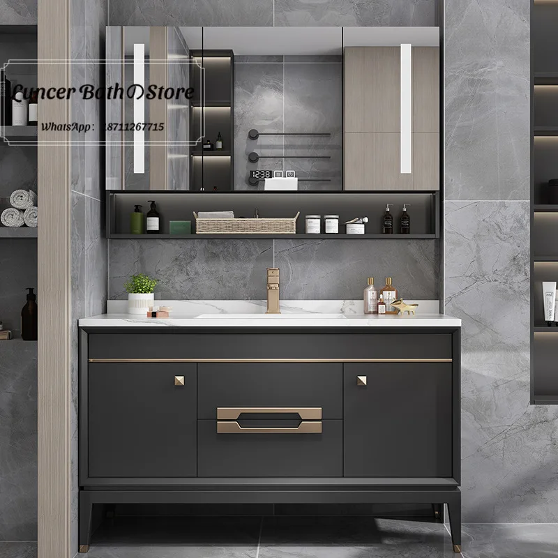 Light luxury slate all-in-one american solid wood oak bathroom cabinet combination wash basin