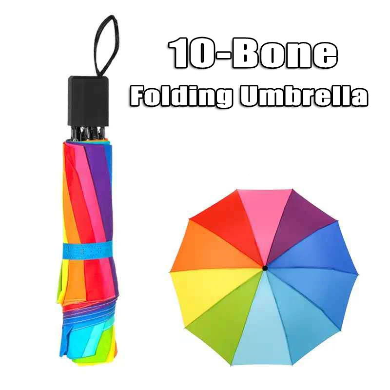 Fashion Rainbow Umbrella Three Fold Umbrella Long Handle Automatic Wind Resistant Folding Straight Umbrella