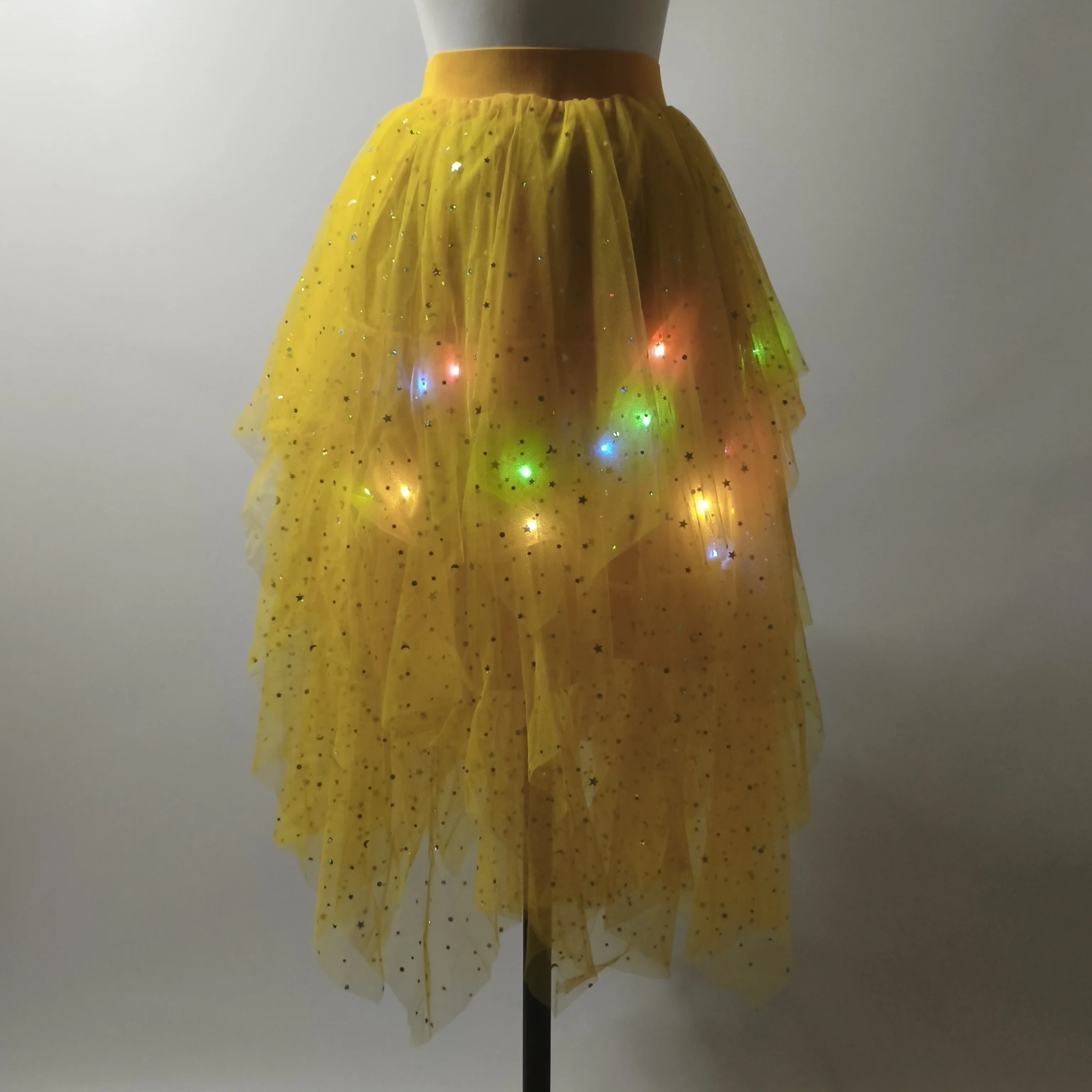Sparkly LED Light Up Tulle Skirt for Women, Asymmetrical High Low Hem Party Skirt for Festival Rave Wedding