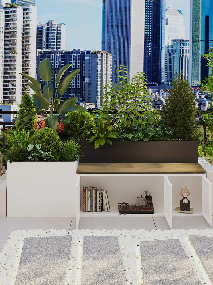 Outdoor terrace illuminated flower box seat combo, cabinet storage storage, courtyard balcony garden, leisure bench