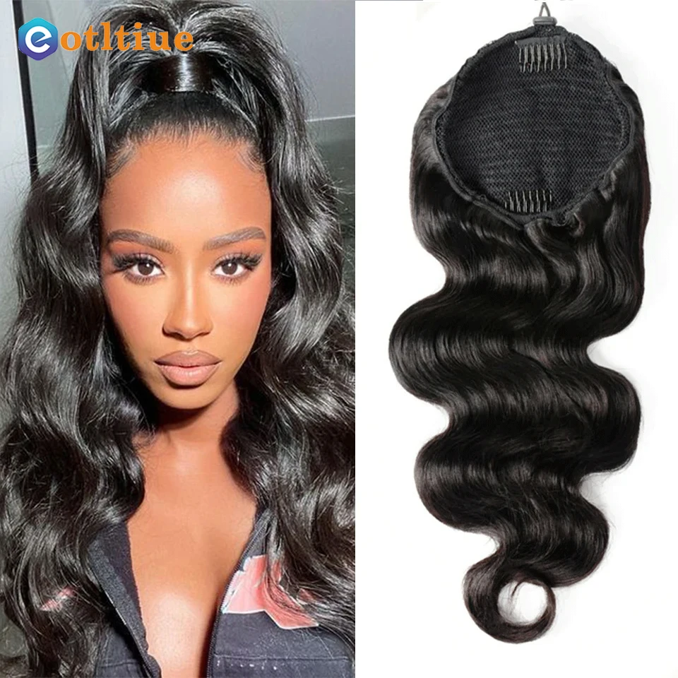 Body Wave Ponytail Extensions Black Drawstring Ponytail Clip in Hairpiece 10-26 For Women  Natural Color Pony Tail For Women