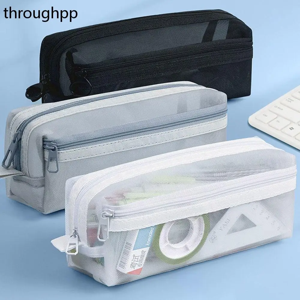 Double Layer Transparent Pencil Case Waterproof Mesh Large Capacity Pouch Pen Bag School Supplies