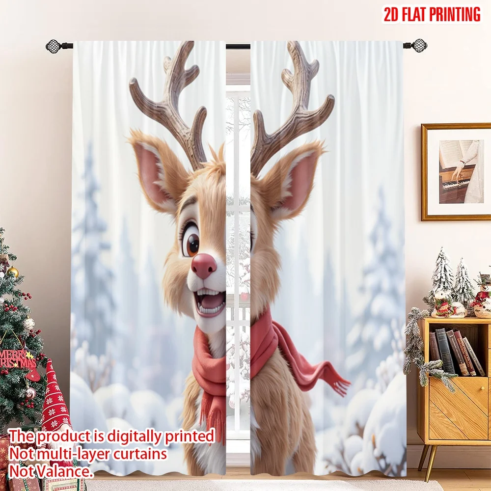 

2pcs 2D flat printing Merry Christmas Curtain Christmas Reindeer Red Nose 100% Polyester Without Electricity 0 for Holiday Decor