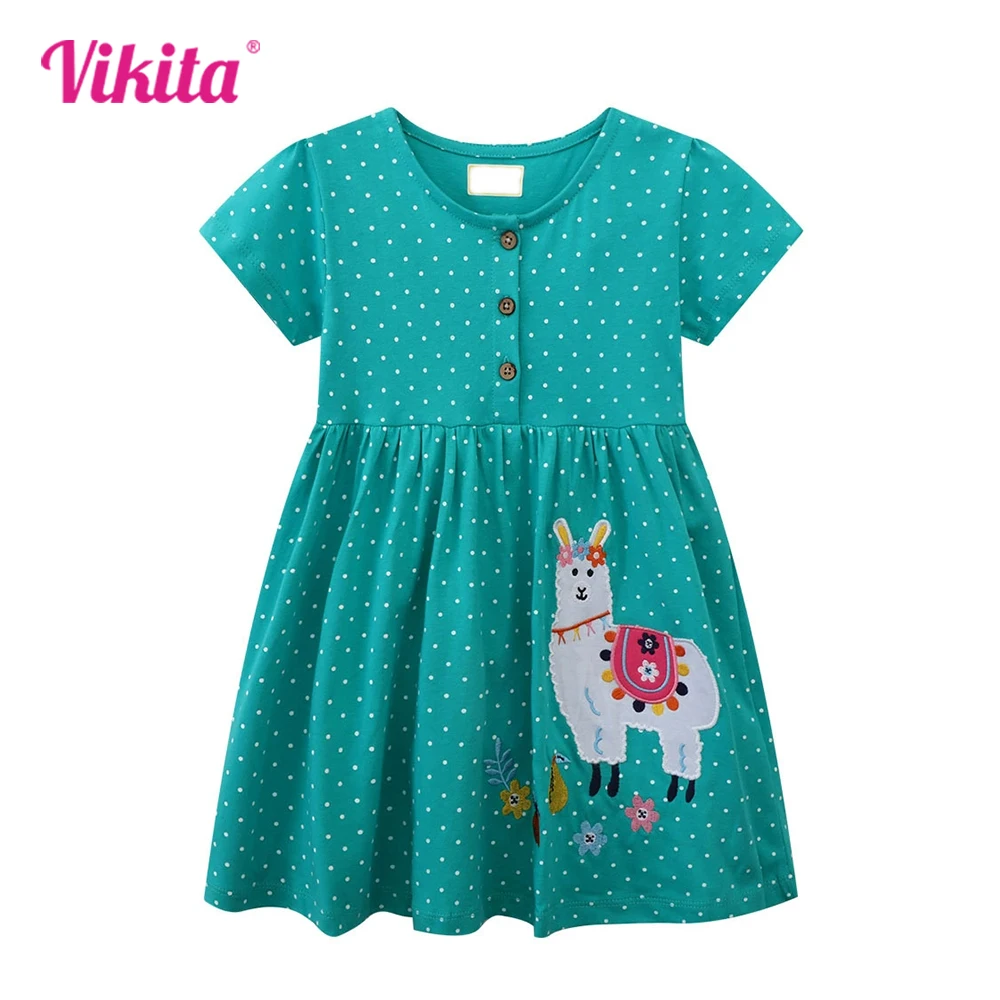 

VIKITA Girls Short Sleeve Summer Dresses Kids Sheep Cartoon Polka Dot Straight Dress Toddlers Cotton Casual Green Dress Clothes