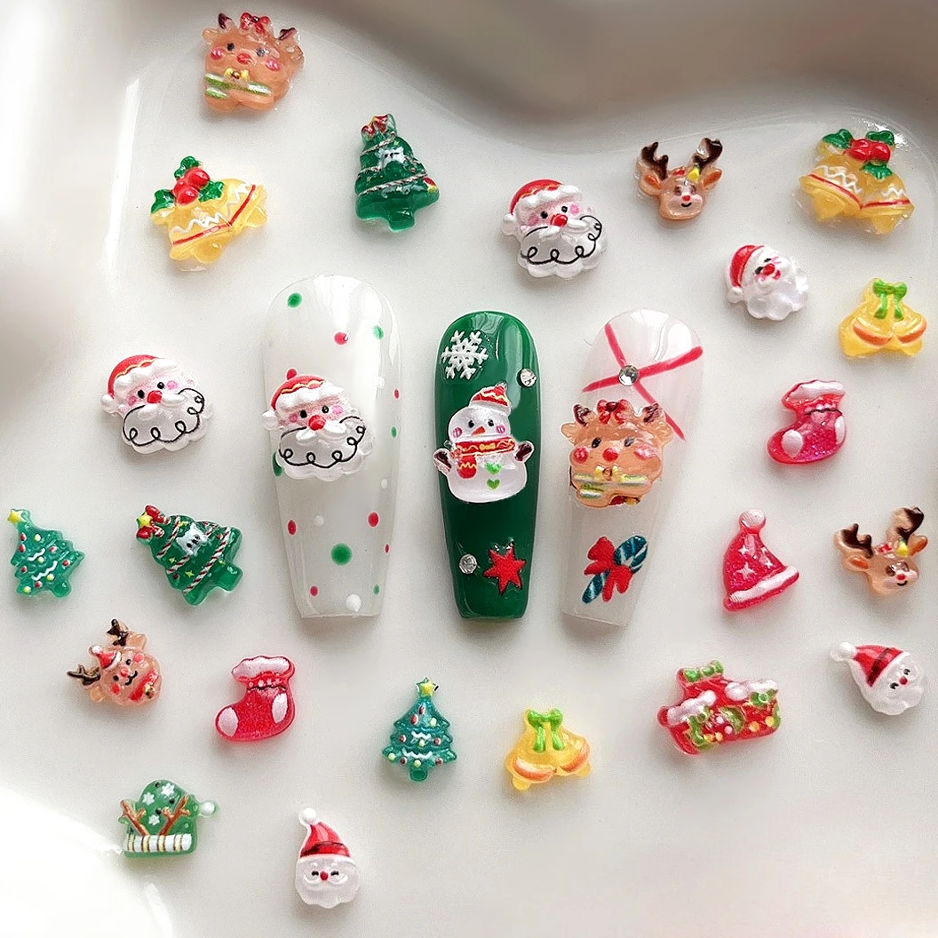 冬のかわいい雪だるま、雪の結晶、クリスマスツリー、サンタクロース、ベル、手袋、帽子、靴下、エルク、星、蝶結び、ネイルアートアクセサリー、デコレーション