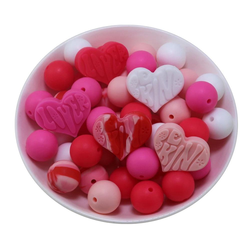 85Pcs Set Valentine’s Day Silicone Beads Heart Shape Be Kinds Round Loose Spacer Beads Jewelry Necklaces Keychain Making