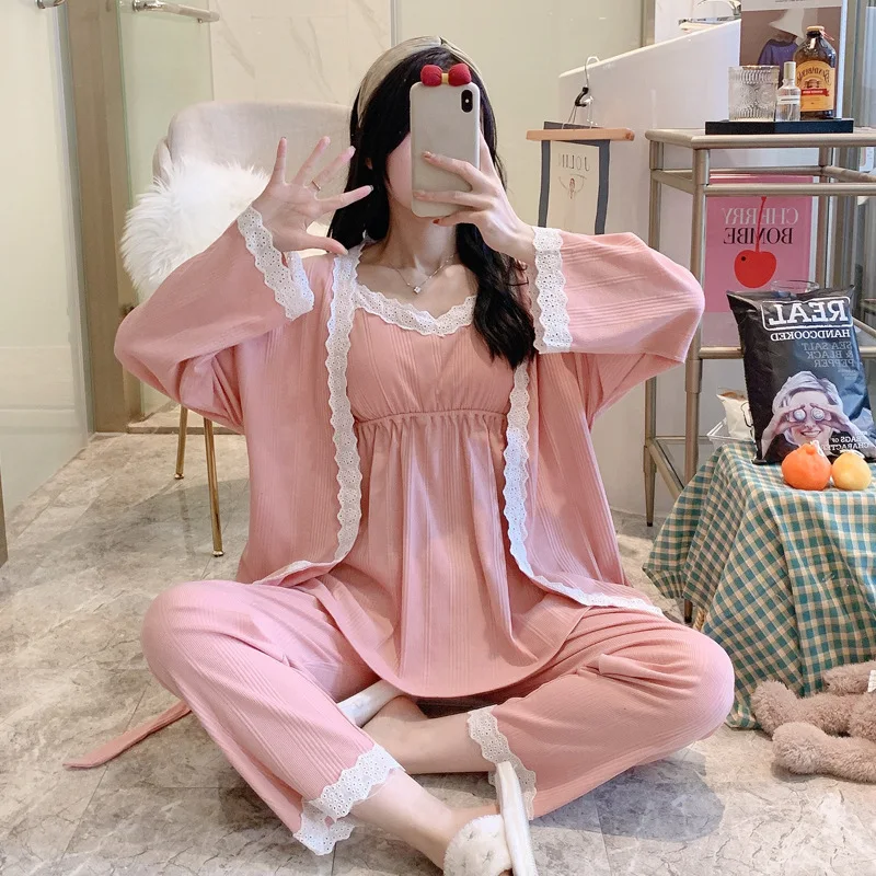 Fdfklak 3Pcs/Set 100% Cotton Pregnancy Pajamas Long Sleeve Sleepwear Suit Spring Autumn Nursing Pregnant Woman Breast Feeding