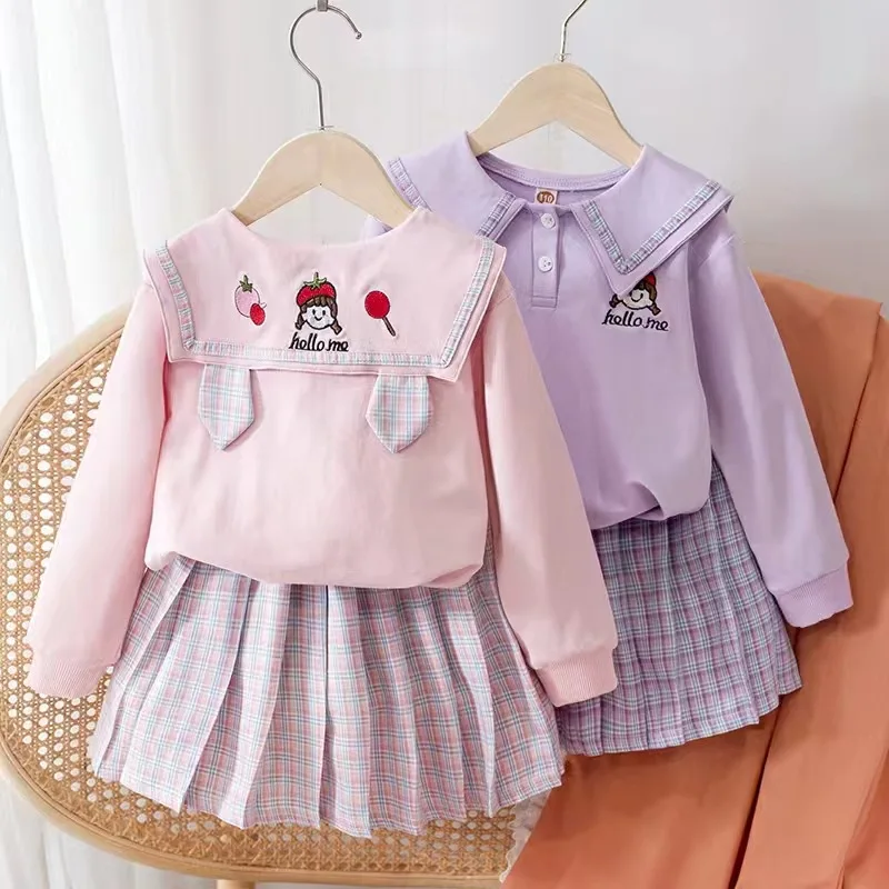 2-8 Years Toddler Girls Clothing Sets 2023 Cotton Shirts+Pleated Skirt 2Pcs Suit Children Birthday Present Girls Outfit Sets