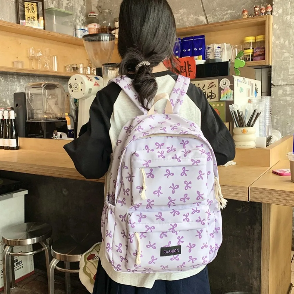 Cute Bow Printed Students Backpack Large Capacity Nylon Book Bag Adjustable Strap Travel Rucksack Travel