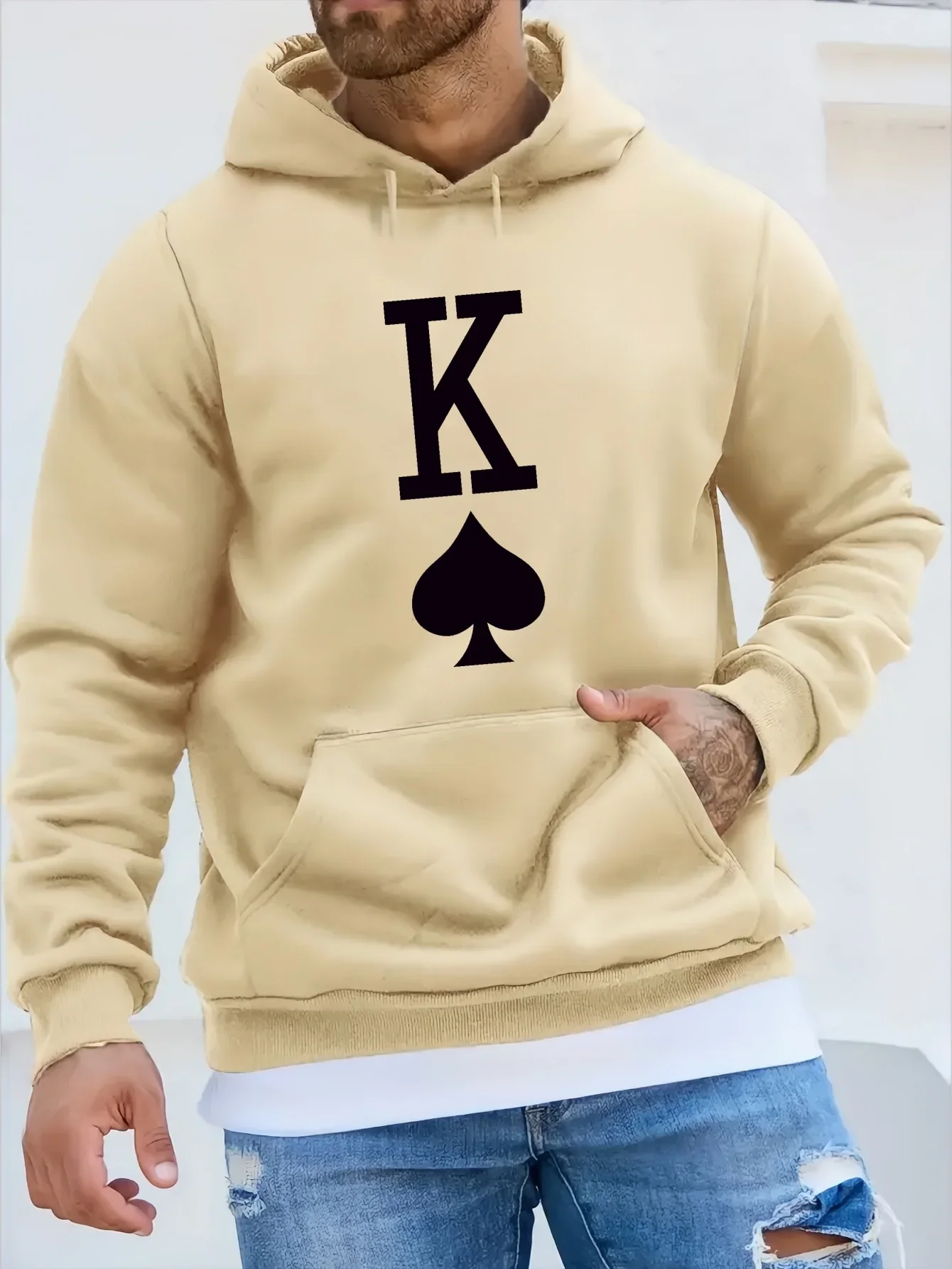 King of Spades Print Hoodie, Cool Hoodies for Men, Men's Casual Graphic Design Pullover Hooded Sweatshirt with Kangaroo Pocket