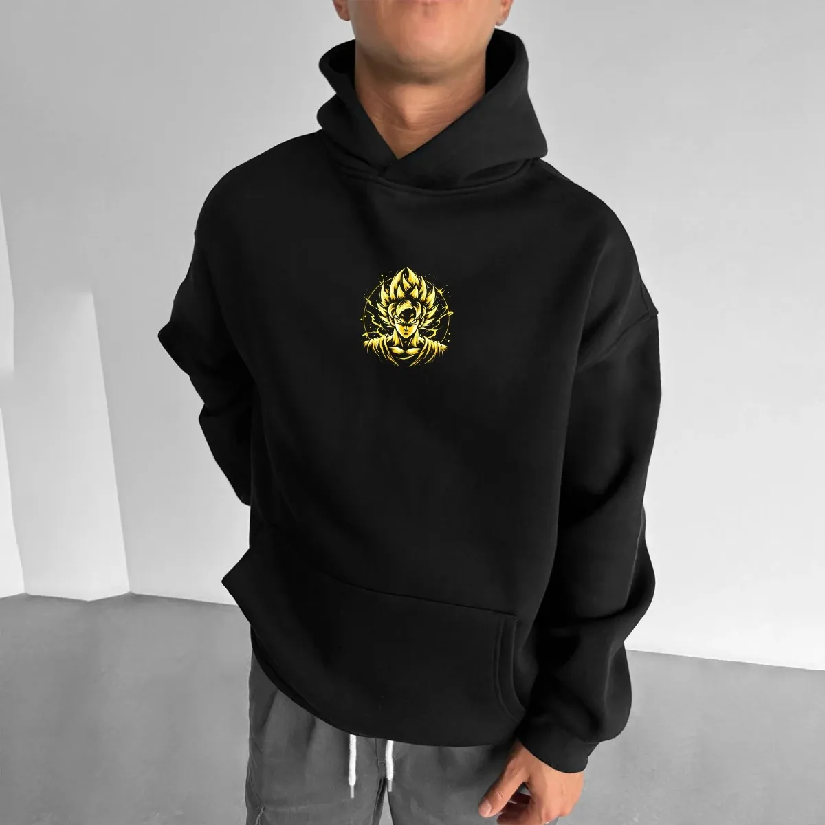 Dragon Ball 2025 Nuovo Goku Super Saiyan Lightning Back Stampa Felpa con cappuccio da uomo Nero Giallo Kanji Go Streetwear Anime Felpa Casual