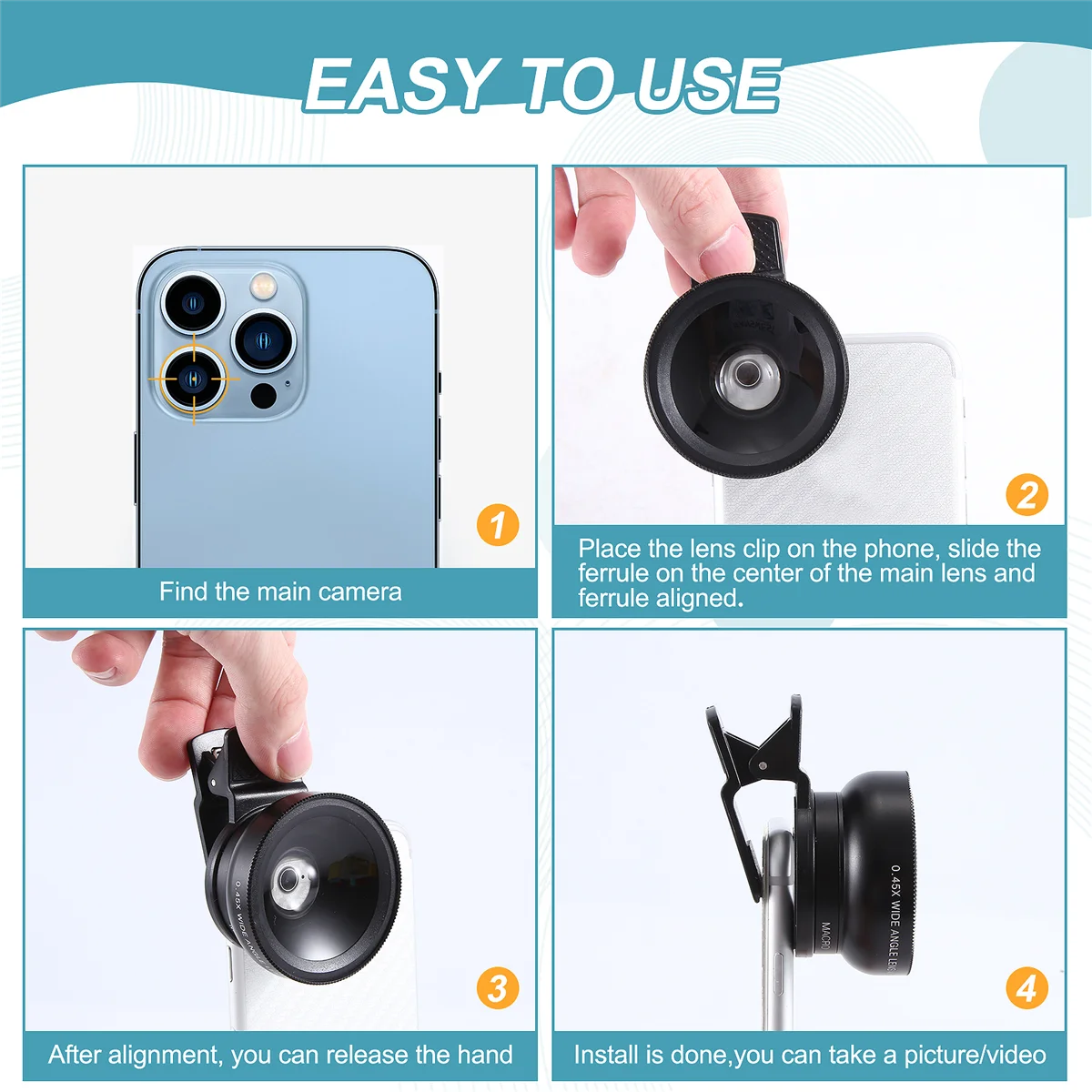 Fish Eye Phone Lens, 0.45X Phone with HD Camera Lens Macro Clip Lens Wide Angle Lens Lens for Mobile Phone Camera