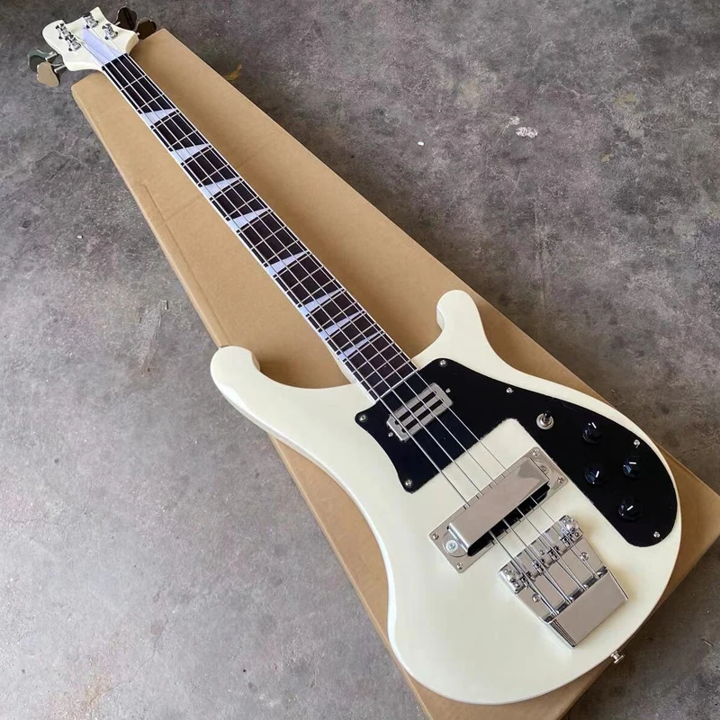 4003 Electric Bass Guitar, Cream White 4 String Bass, Upgrade Adjustable Bridge Available, Rosewood Fingerboard, Black Pickguard