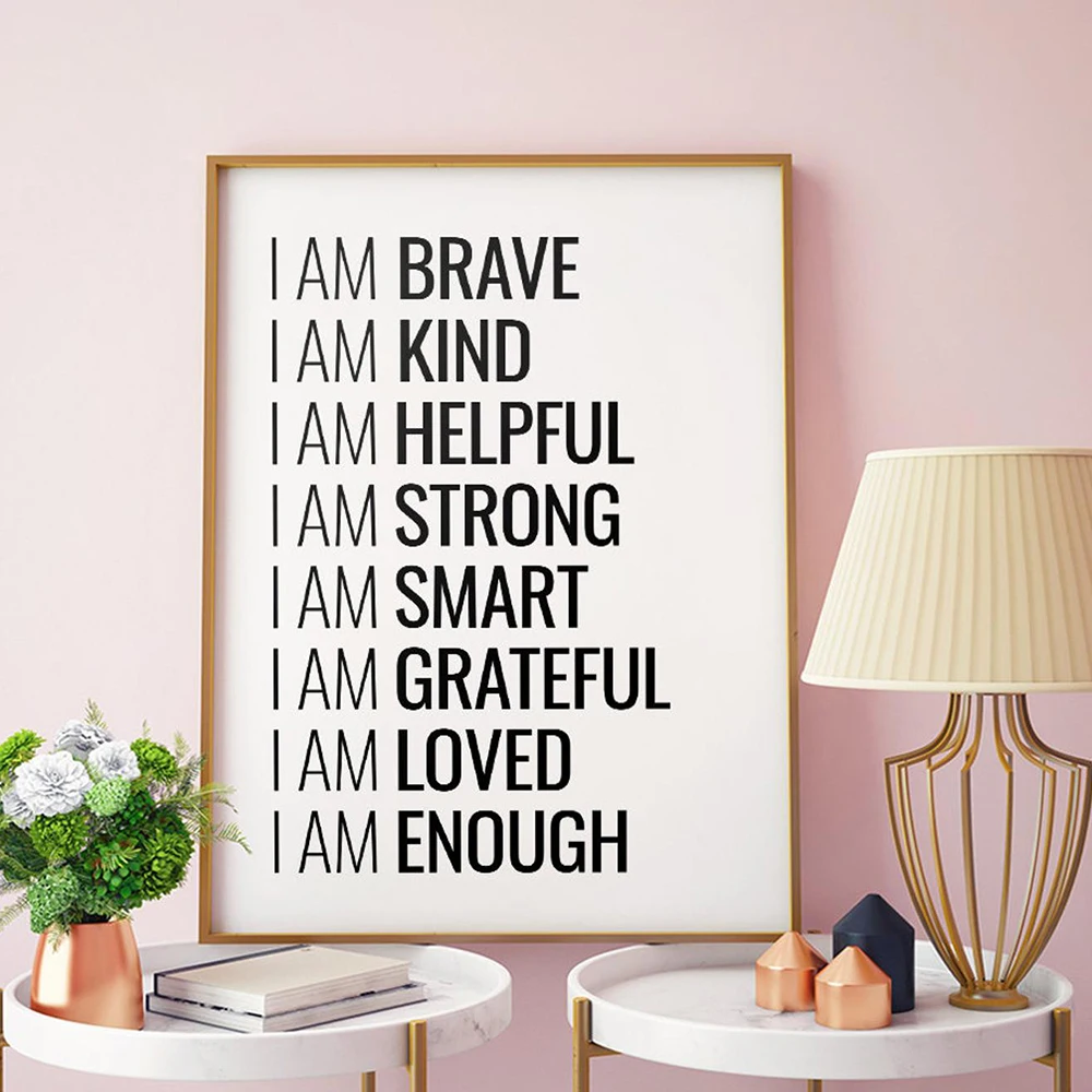 I am Brave Motivational Quote Poster and Print Canvas Painting Black White I am Enough Affirmations Wall Minimalist Room Decor