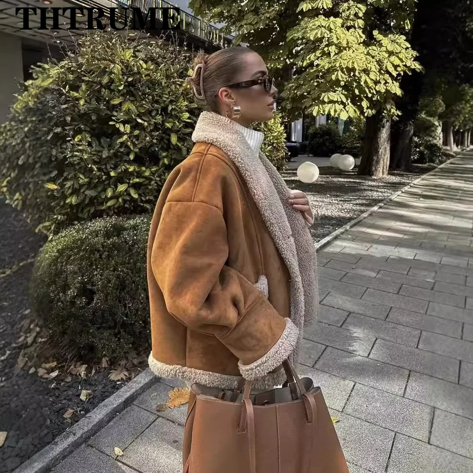 Elegant Fleece 2024 New Jacket Fashion Women Autumn Long Sleeve Lapel Single Breasted Coats Casual Lamb Fur Communte Jackets