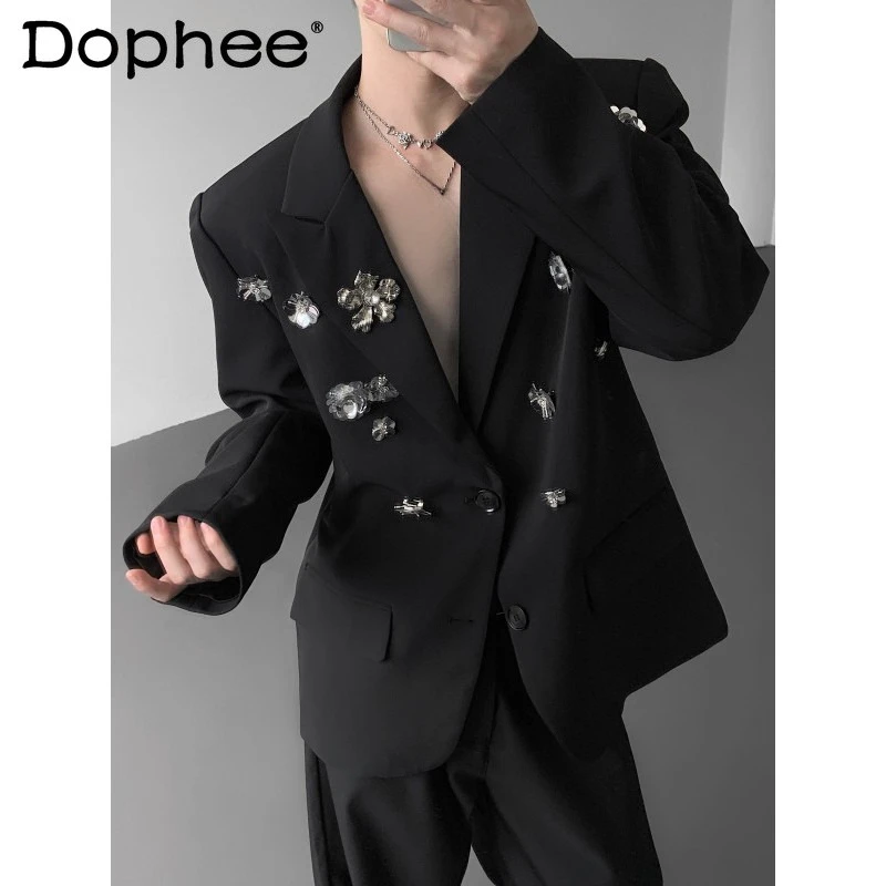 

Men's 2025 Autumn High-end Tailored Coats Male Fashion Handsome Suit Jackets Niche Metal Flower Design Shoulder Padded Blazers