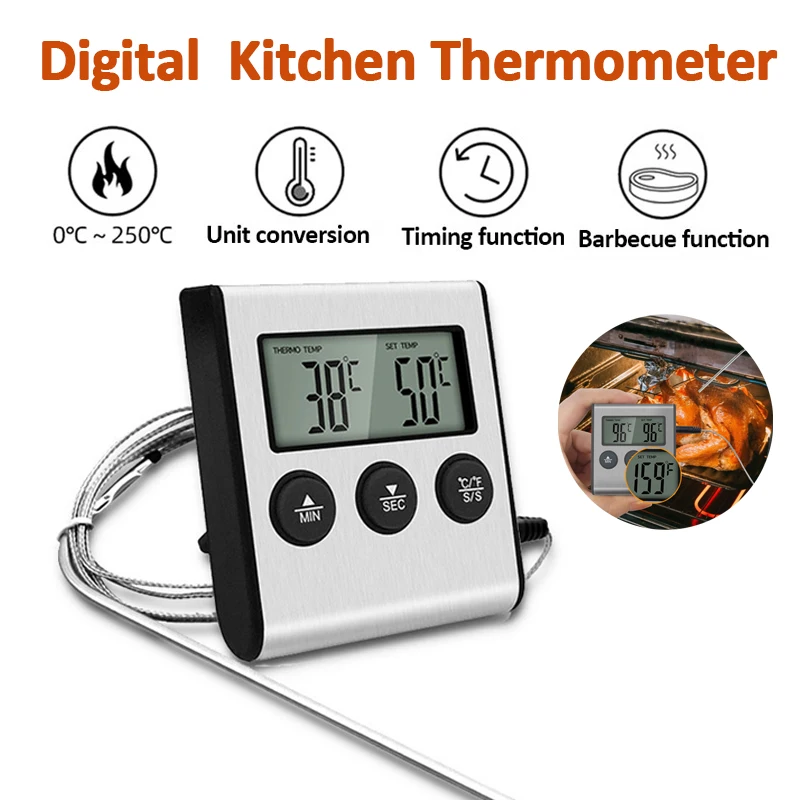 Kitchen Digital Cooking Thermometer BBQ Oven Meat Grill Timer Function Heat Meter Home Baking Household Cooking Temp Gauge Probe