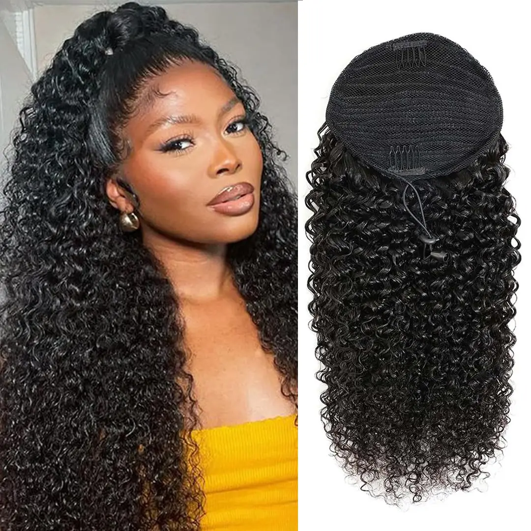 Alipretty Afro Kinky Curly Human Hair Drawstring Ponytail Long Deep Curly Pony Tail Natural Human Hair Extensions 100% For Women