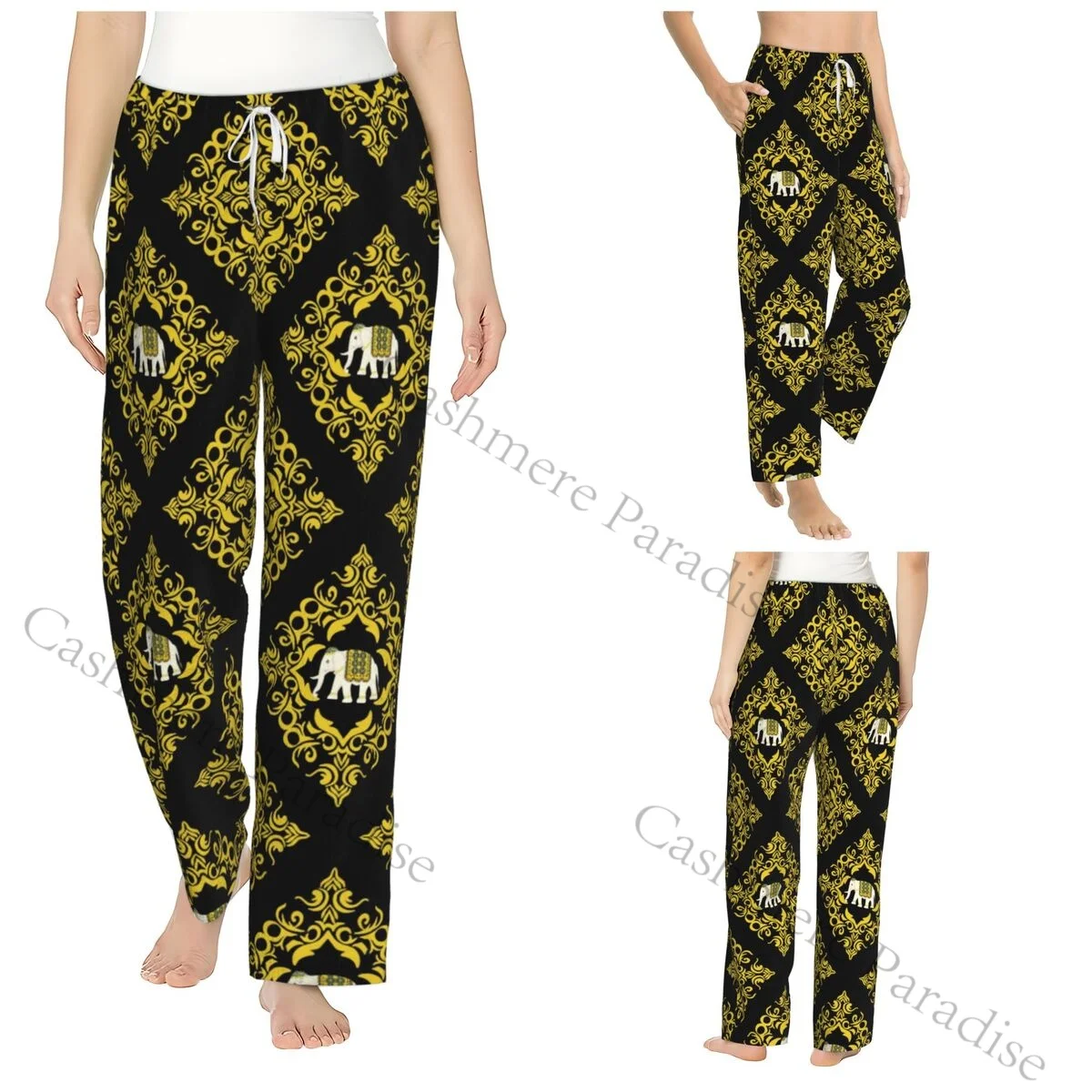 

Gold Damask Elephant Floral Women Sleep Pants Warm Flannel Lounge Pants for Winter Nights