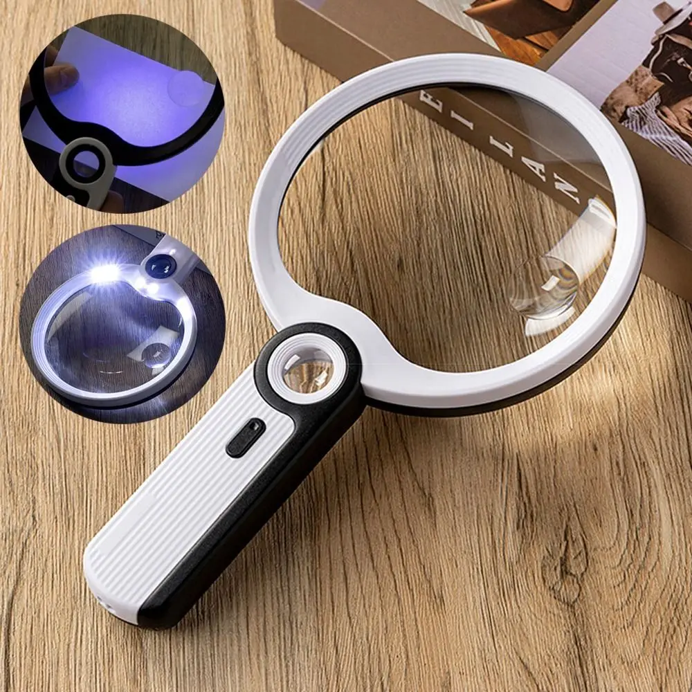 5X 10X 20X Handheld Magnifying Glass Large Lens Low Vision Aids Reading Magnifying Loupe 9 LED Light White Light