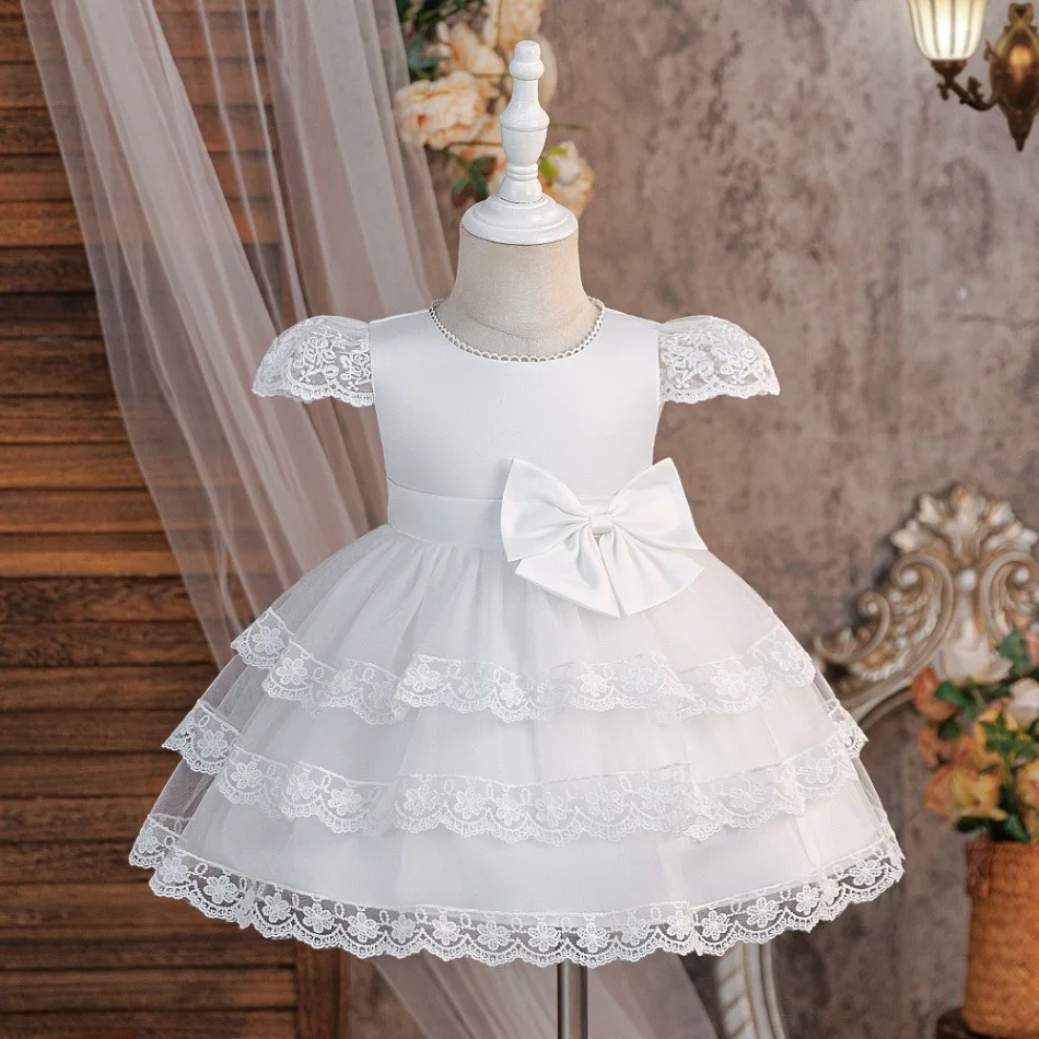 White Lace Big Bow Multi Layer Ruffle Tulle Princess Dress Cute Kids Girls Wedding Birthday Holiday Formal Pageant Costume ASQ03