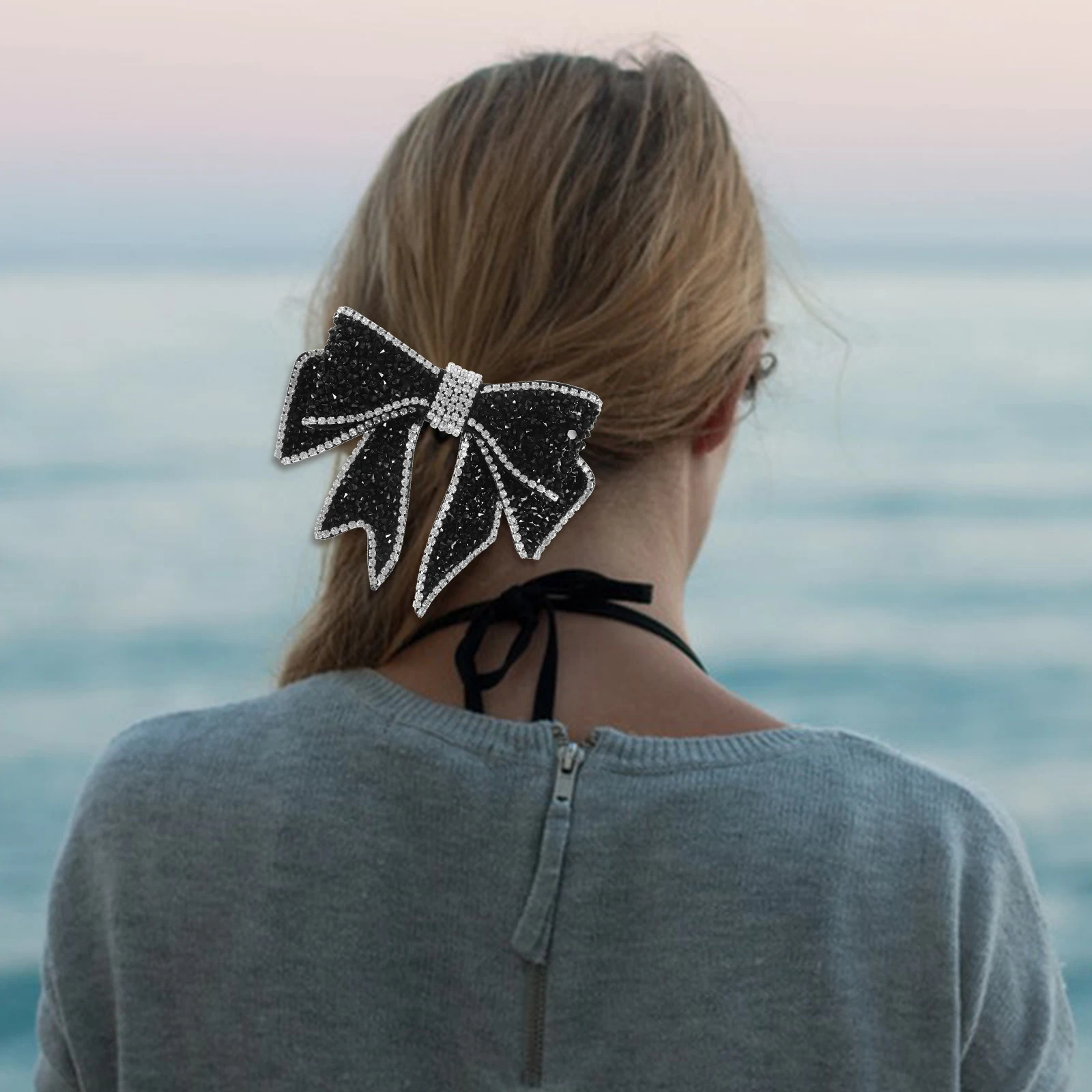 

2pcs Bow Hairpin Black Large White Edge Decorative Twist Clips Claw Crystal Barrette Fabric Hairstyle Accessories