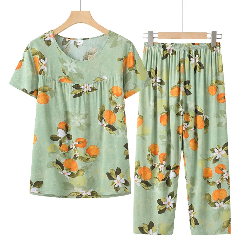 Pijamas Femininos New Cotton Rayon Sleepwear Women Printed Short Sleeve Cropped Pant Suit Thin Cool Home Summer Pajamas Set 4XL