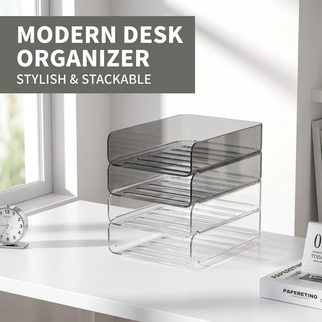 Desk File Organizer Crystal Clear Stackable Large Capacity Easy Access Tray Fits A4 Home Office