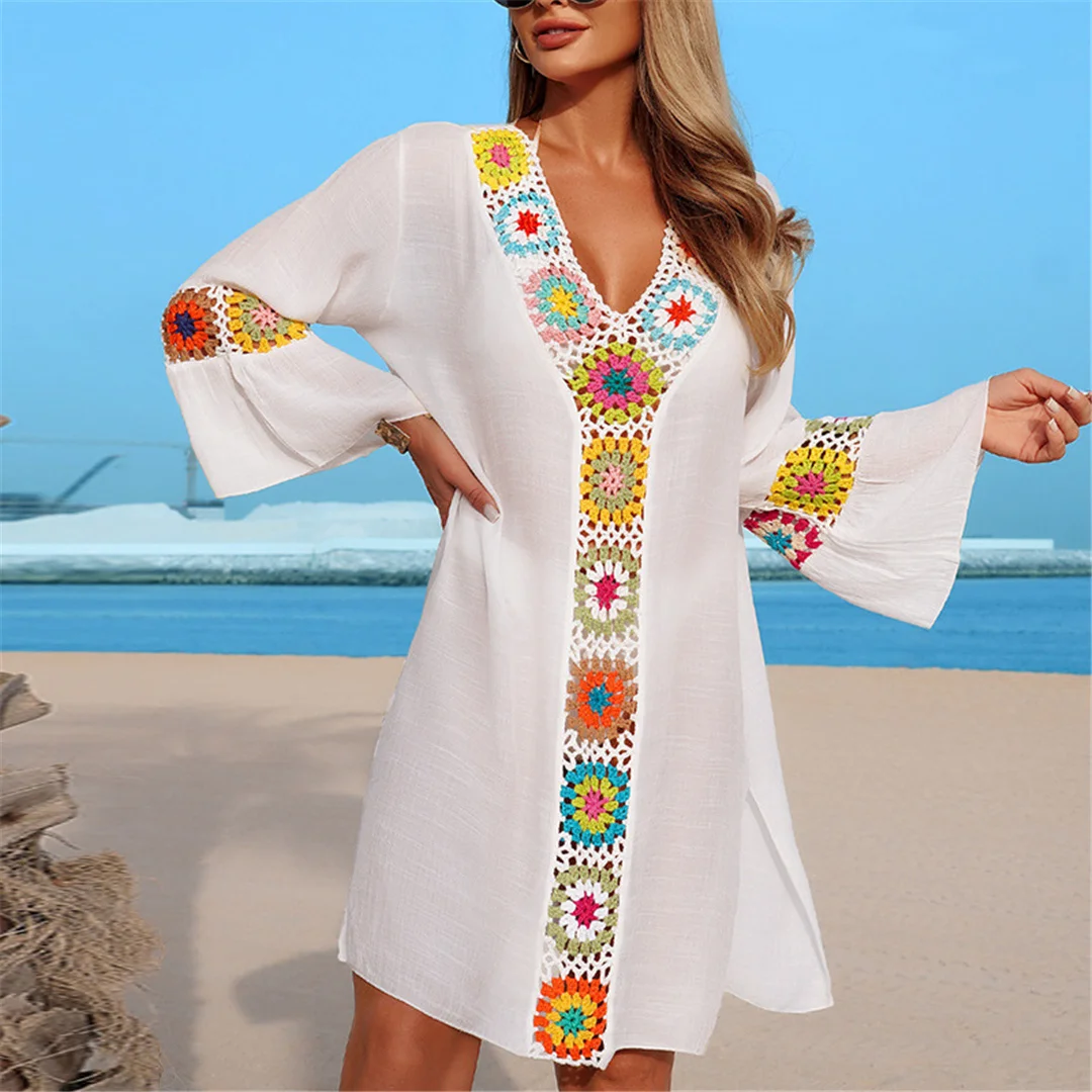 Bedrucktes, langärmeliges, gehäkeltes Strick-Tunika-Strandkleid, Strandmode, Strandbekleidung, Strand-Cover-up, Damen, V7208 – Detail 5