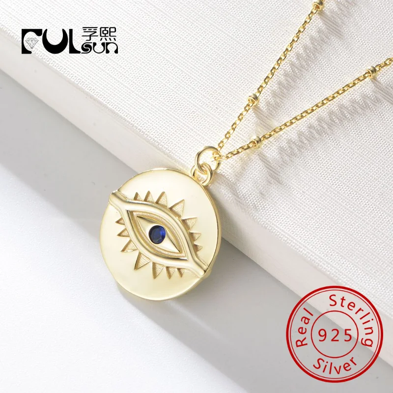 

Fulsun Blue Evil Eyes Talisman Pendants Necklaces Fashion Coin Chain silver 925 Link Chain Gold Zircon Stone Silver Jewelry