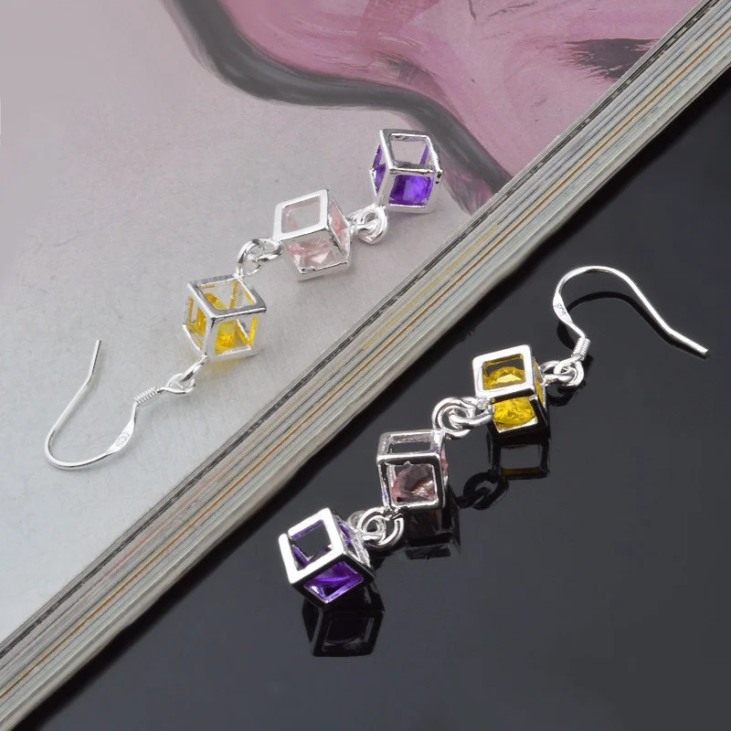 Elegant Fashion Geometric Cubes Dangle Multicolor Zircon Ear Hook Earrings for Women Valentines Day Gift Jewelry Pendiente Mujer