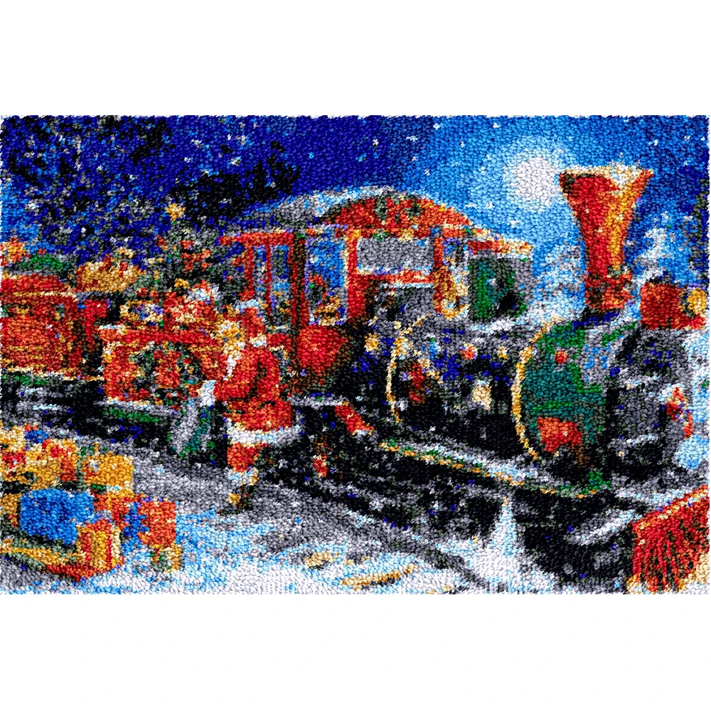 

Latch hook rug kits with Preprinted Canvas Christmas train Pattern DIY Rug making kit Handmade Carpet Crochet Yarn Creative Gift