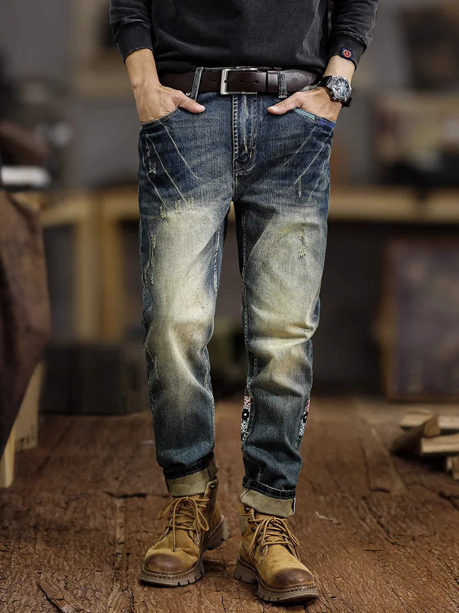 

Новинка 2023 года, мужские облегающие прямые джинсы, повседневные длинные брюки в американском стиле ретро с эластичной резинкой на талии, универсальные модные джинсовые брюки