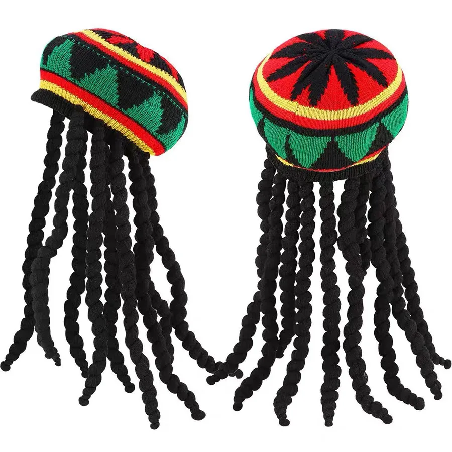 Men Wig Reggae Party Skullies Women Jamaican Rasta Hat with Dreadlocks Knit Striped Beanies Funny Cosplay Crochet Halloween Hat