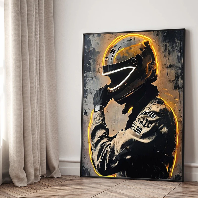 Motorcycle Helmet Posters Prints Abstract Neon Effect Canvas Painting Racing Driver Wall Art Picture for Bar Bedroom Home Decor