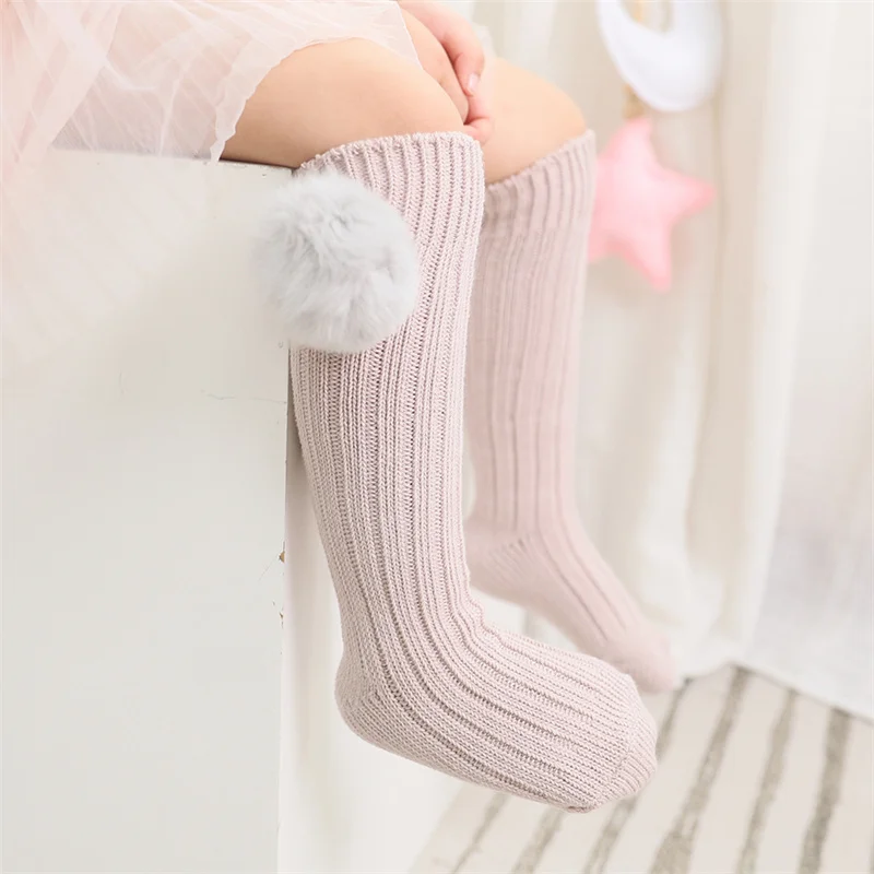 Lawadka Kids Girls Socks Cotton Fur Ball Knee High Children's Socks For Girls Winter Warm Knitted Baby Stocking Age for 0-7Years