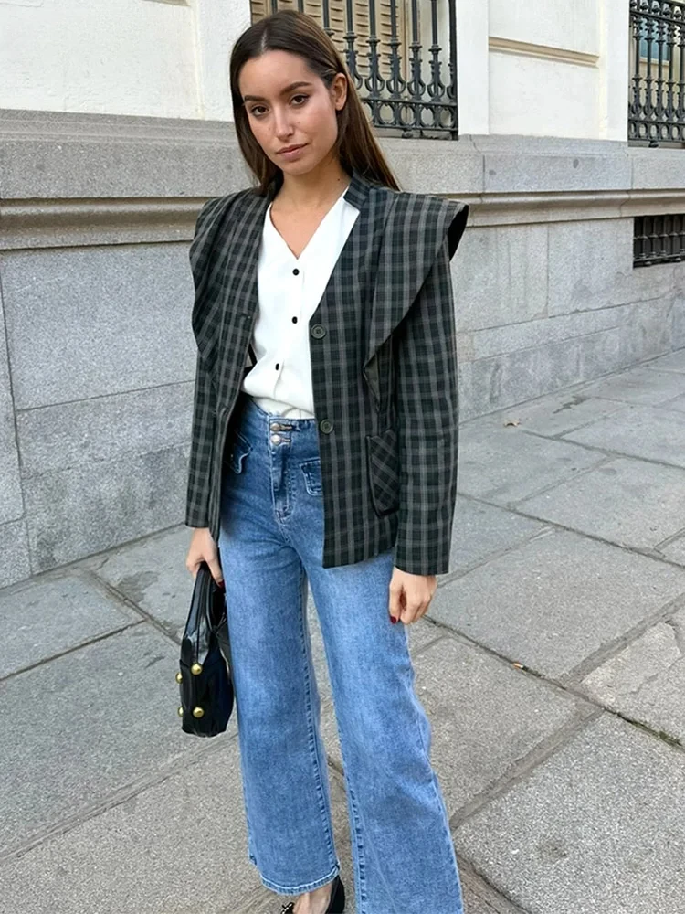 

Chic Retro Green Plaid V Neck Shoulder Pads Jacket Women's Long Sleeve Single Breasted Pocket Coat Spring Lady Street Clothing