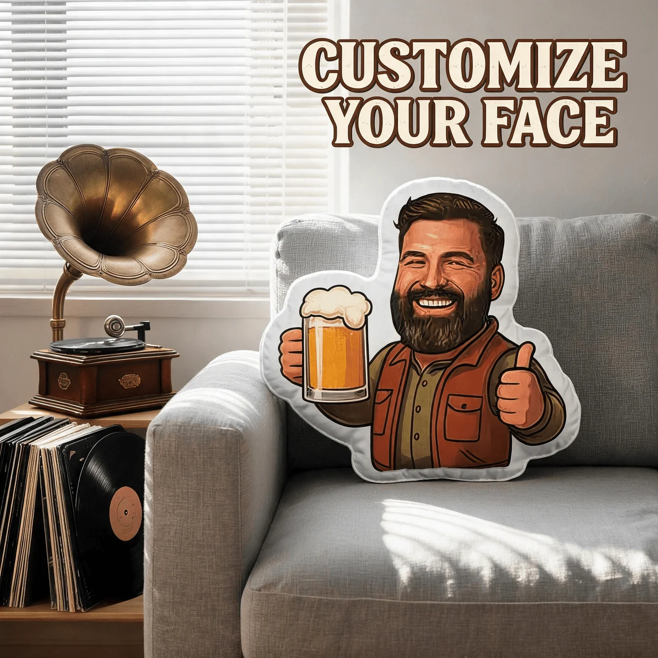 Custom Face-Shaped Pillow, Personalized Photo Bearded Man Holding Beer Decorative Cushion, Unique Home Decor Accent for Sofa & B