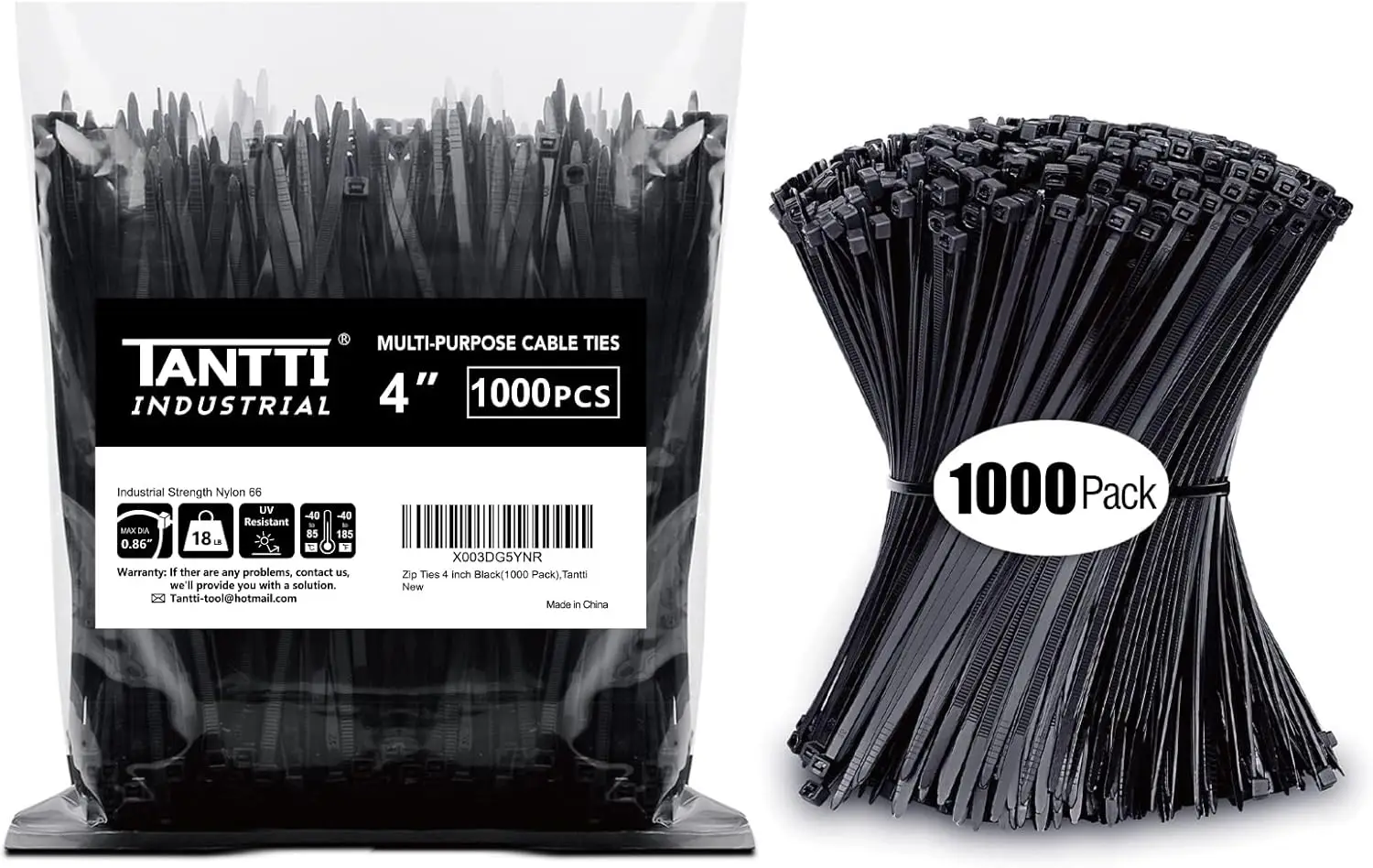 

4 Inch Small Zip Ties, Black, 1000 Pack with 18 lb Tensile Strength for Secure Fastening