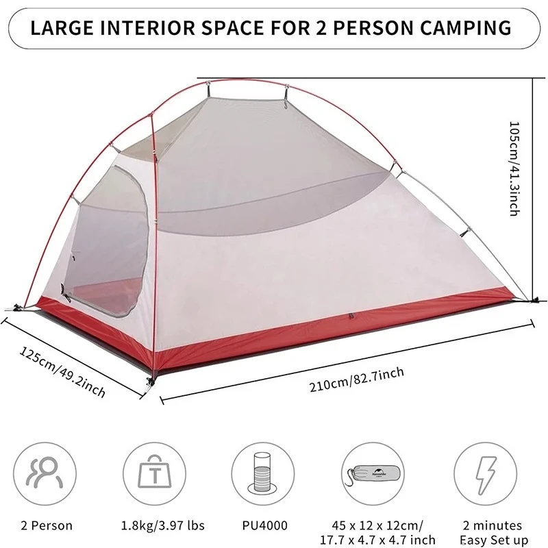 2 Person Free Standing Ultralight Waterproof Backpacking Tent Naturehike Cloud Up Camping Tent Outdoor Cycling Travel Beach Tent