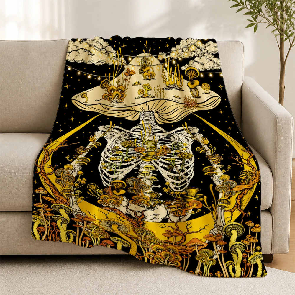 Bohemian Gothic Skeleton Mushroom Throw Blanket Boho Couch Cover Dark Art Academia Fall Spooky Decor Unique Sofa Throw Gift for