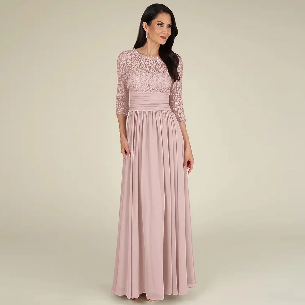 Pink Chiffon A-Line Mother of The Bride Dresses for Weddings 2023 Floor Length O Neck Half Sleeve Elegant Wedding Party Dress