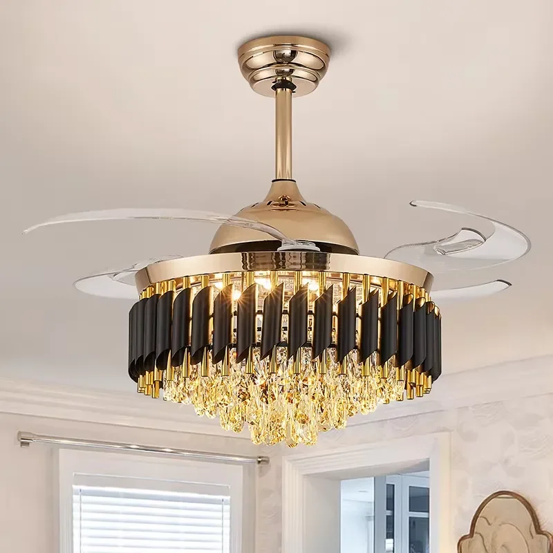 Modern Smart LED Chandelier Ceiling Light Home Remote Control Retractable with 5 Blades AC Motor Metal Body for Kitchen