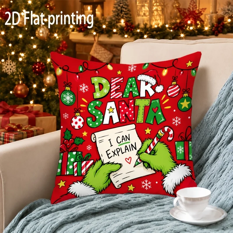 Dear Santa I Can Explain Grinch Throw Pillow Cover Red Background Letter Gift Box Snowflake Cushion Case Xmas Home Decor Gift